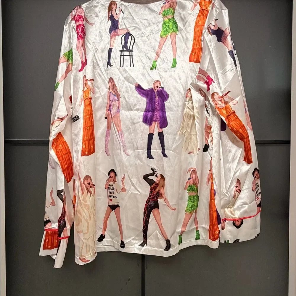 Taylor Swift Eras Inspired White Satin PJ Set Button Top & Pants Red Women Large - Picture 3 of 4
